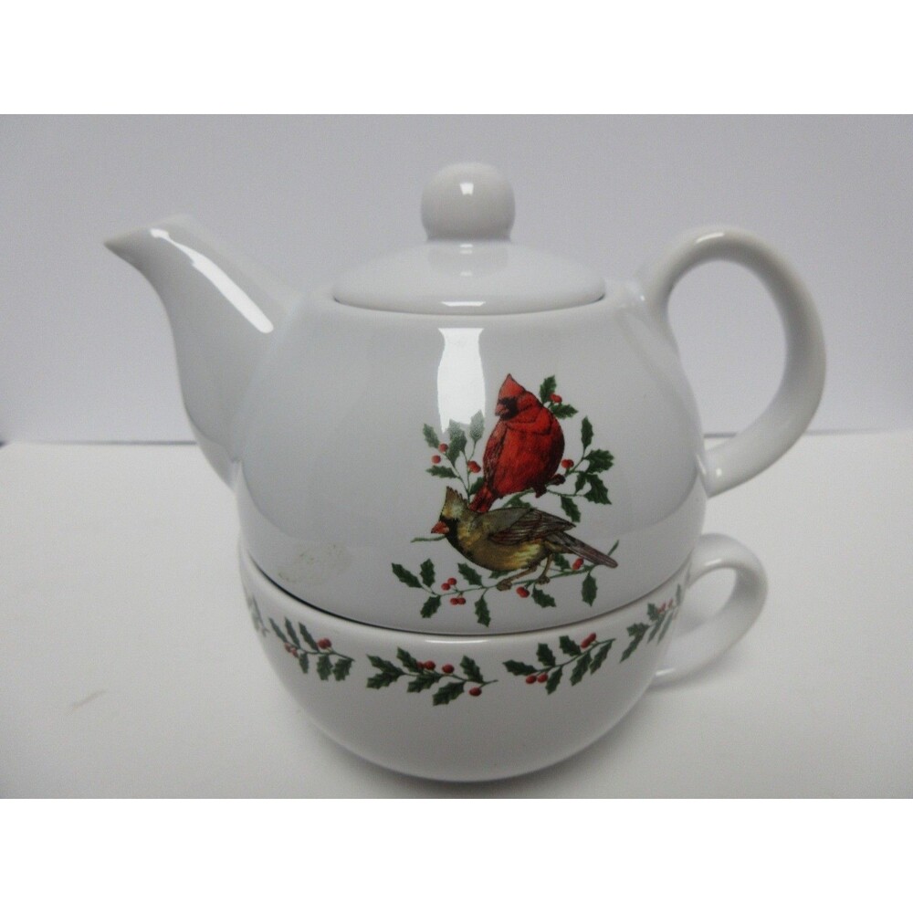 3 pc  Red Cardinal&Bird on Branch Teapot Green Holly Ceramic Living Quarters